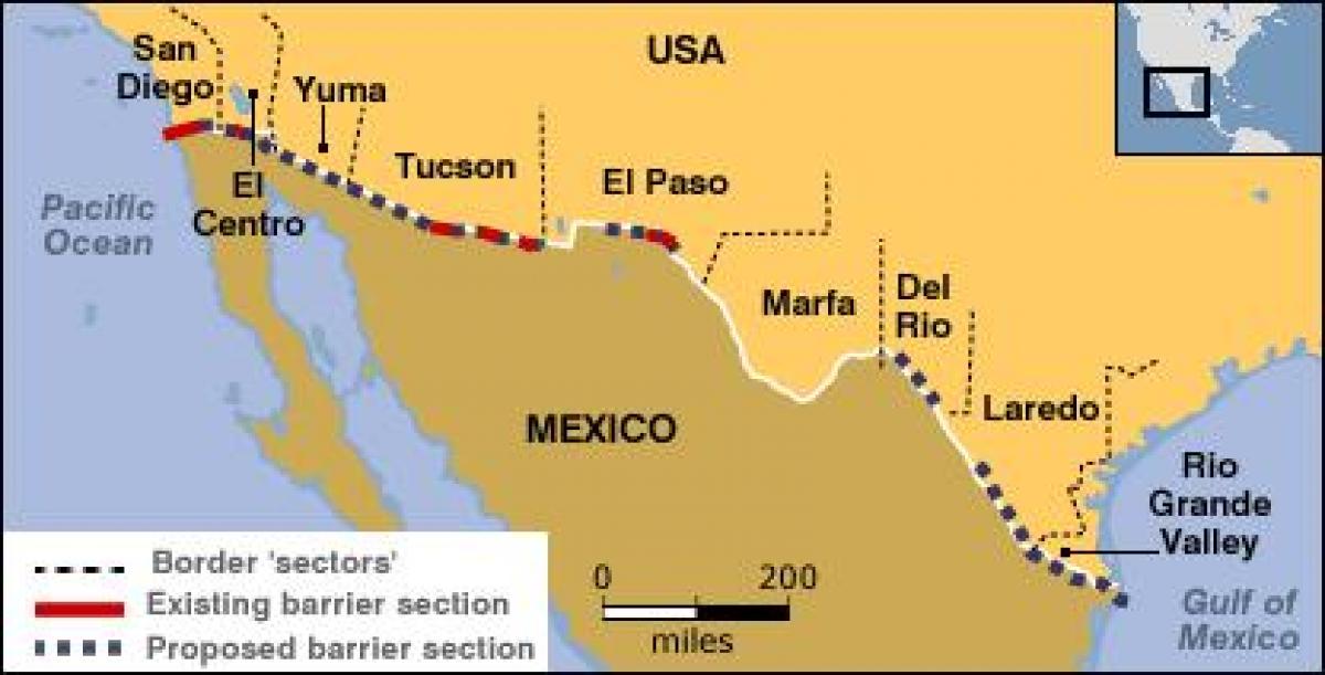 kaart van de mexicaanse grens
