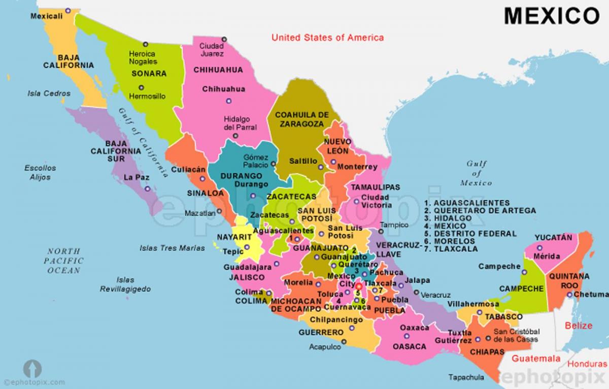 Mexico kaart met staten en hoofdsteden