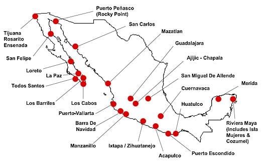 kaart van Mexico bestemmingen