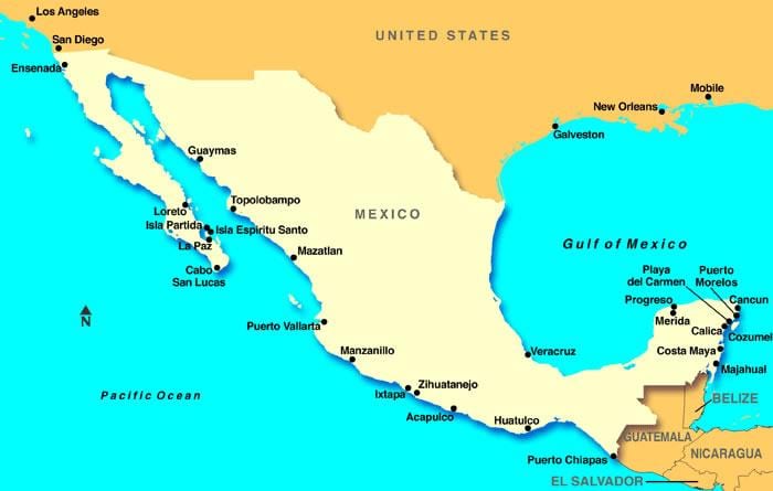 kaart van Mexico cruise-poorten