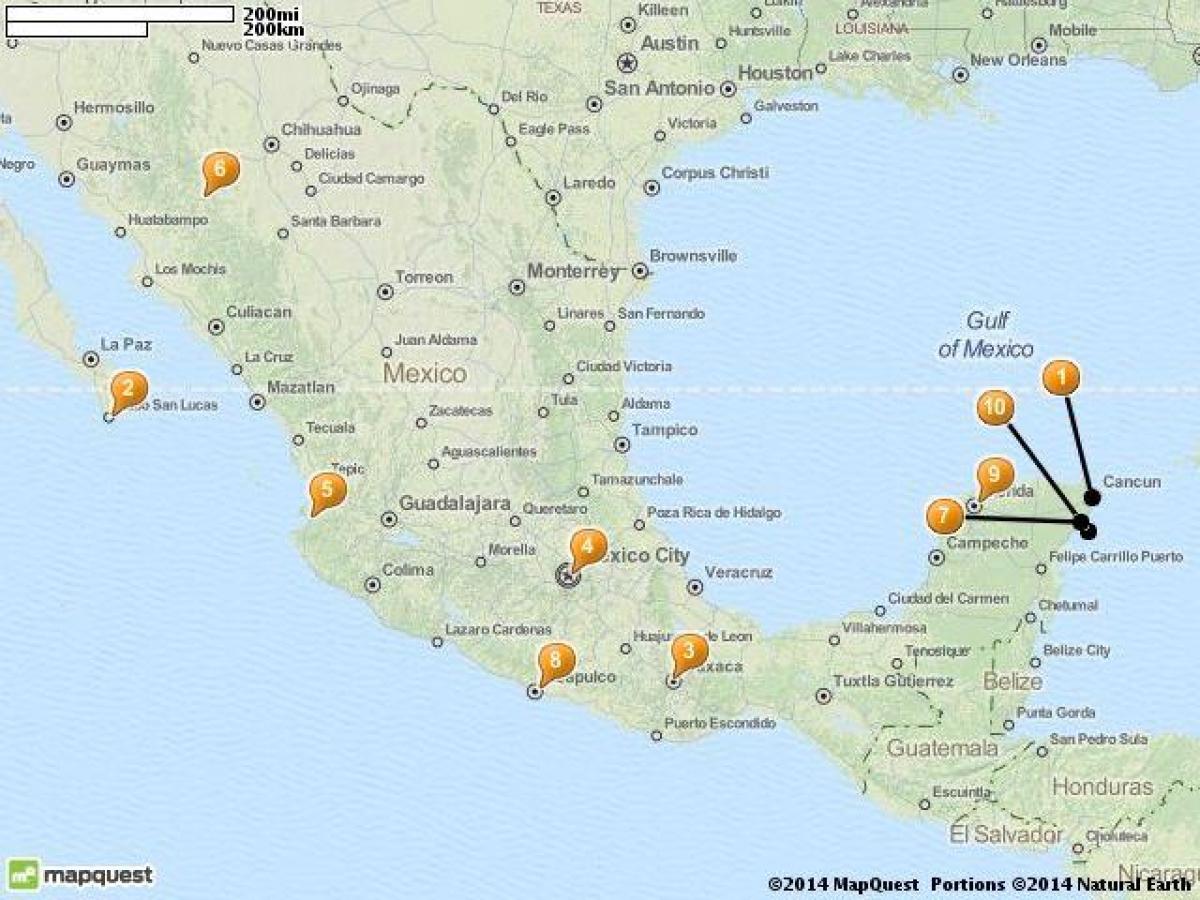 kaart van plekken vakantie in Mexico