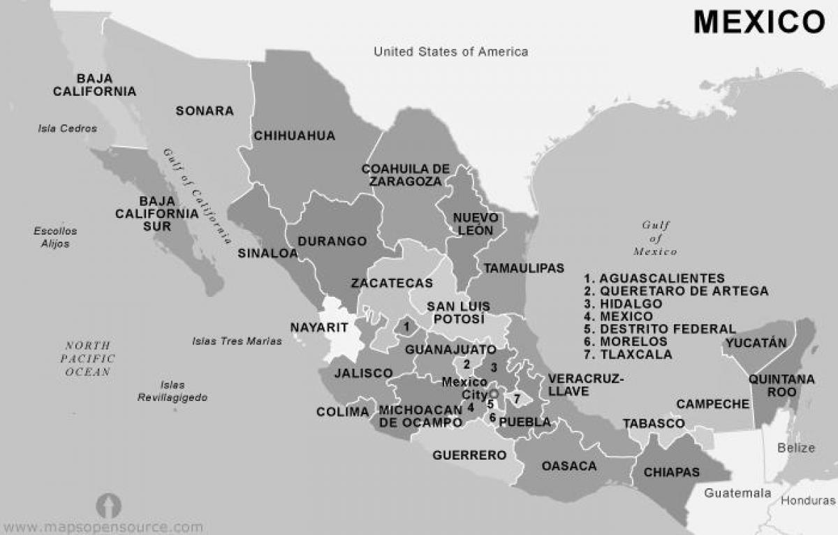 kaart van Mexico zwart en wit