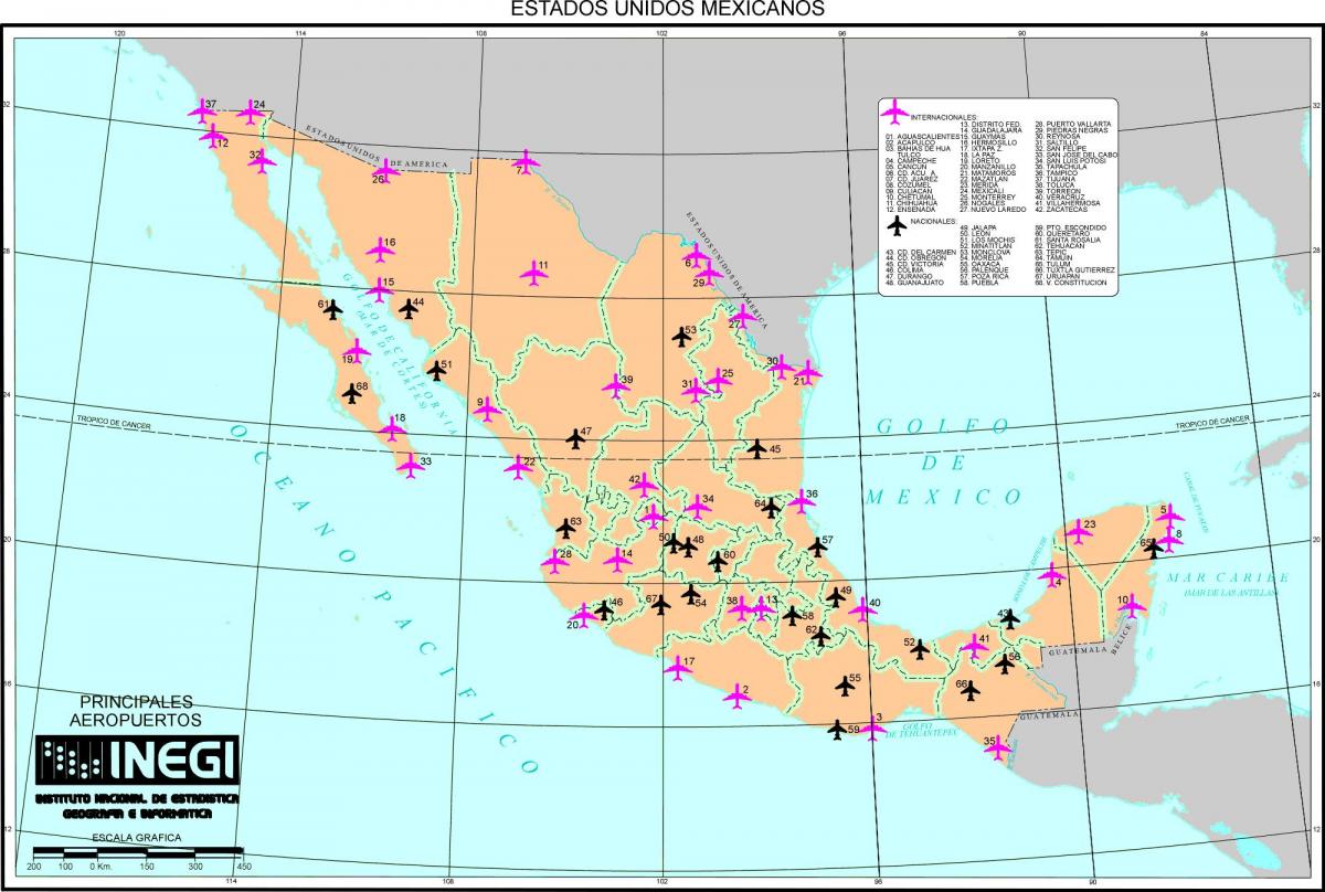 kaart Mexico luchthavens