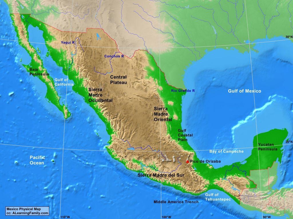 kaart van Mexico reliëf