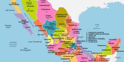 Mexico kaart met staten en hoofdsteden