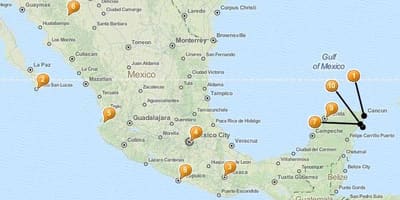 Kaart van plekken vakantie in Mexico