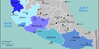 Kaart van de stille oceaan voor de kust van Mexico